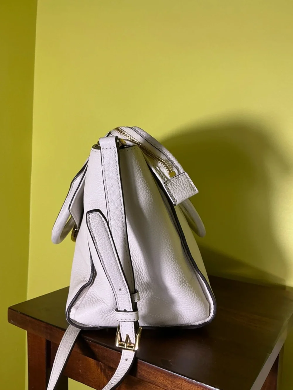 Michael Kors White Leather Satchel with Gold MK Medallion